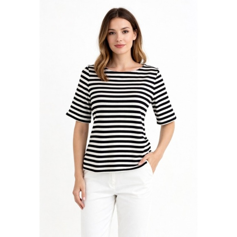 LOFT Black White Striped Boat Neck Elbow Sleeve Zipper Top XS Nautical 55-23